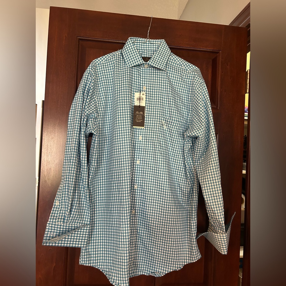 NWT Tasso Elba Blue White Gingham Non Iron Dress Shirt 15.5 32/33